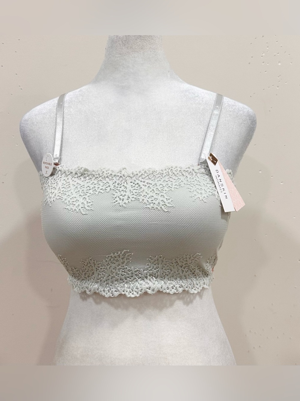 Danskin Intimates Lace Bandeau Bralette Bra Light Green Gray Removable Pads L